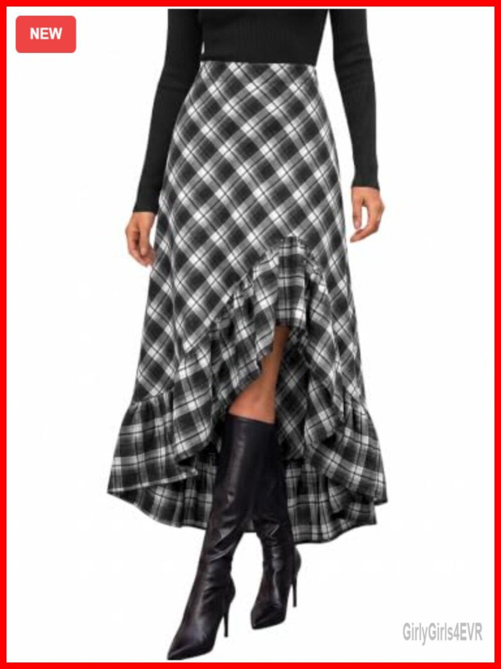 Wenrine Women's Plaid Asymmetrical Maxi Skirt Ruffled High-Low High Rise